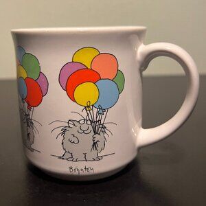 Vintage SANDRA BOYNTON Cat Holding Colorful  Balloons Ceramic Mug 1980's ~ Japan